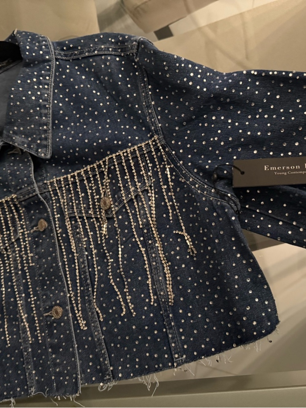 Embellished Cropped Denim Jacket - Dark Blue Rhinestone Fringe - Picture 4 of 5
